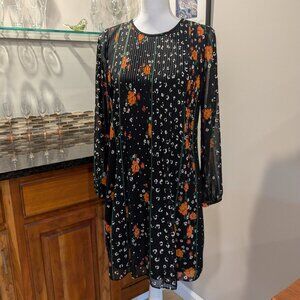 Ann Taylor Romantic Floral Pleated Long Sleeve Swing Dress XS